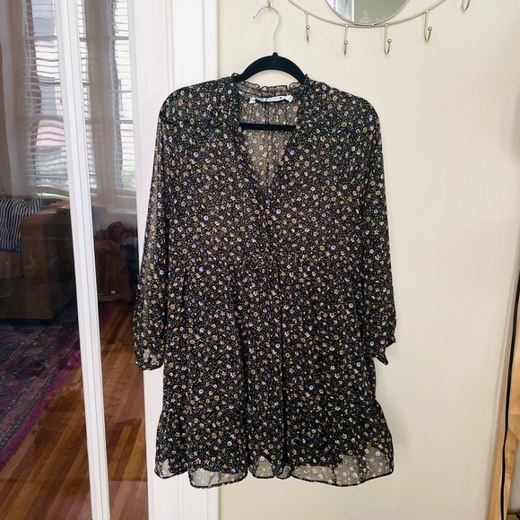 Zara Black Floral Long Sleeve Babydoll Mini Dress - Picture 7 of 10